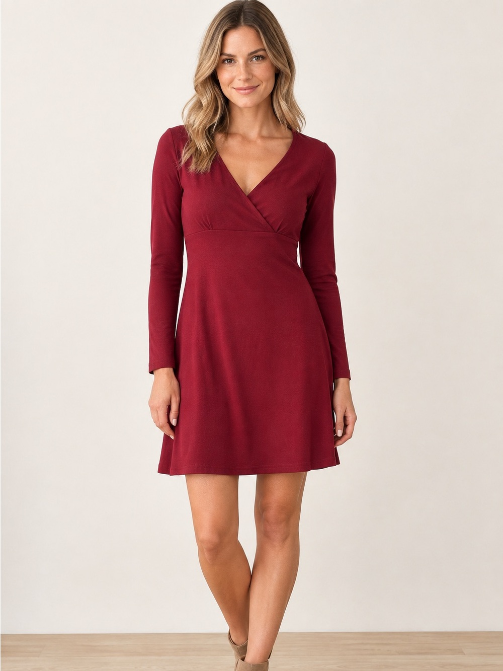 Susana Monaco Burgundy Long Sleeve Faux Wrap V-Neck Mini Dress Sz S